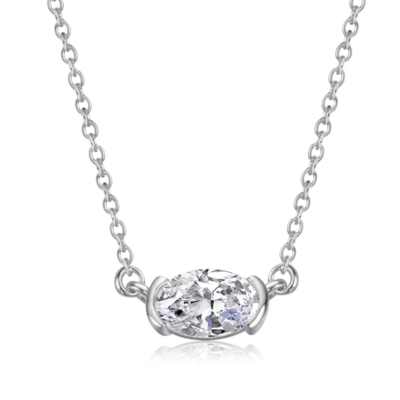 Elegant gold chain necklaces-Sterling Silver White Gold Plated with Lab Created Moissanite East-West Oval Solitaire Necklace