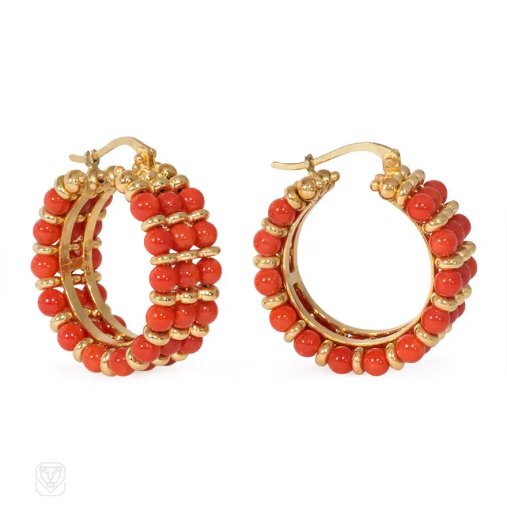 Unique gemstone earrings for women-Gold and coral bead hoop earrings, Italy