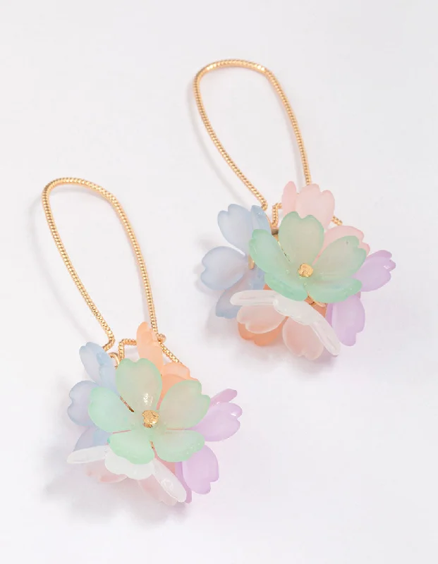 Trendy earrings with tassels-Gold Cluster Flower Fish Hook Drop Earrings