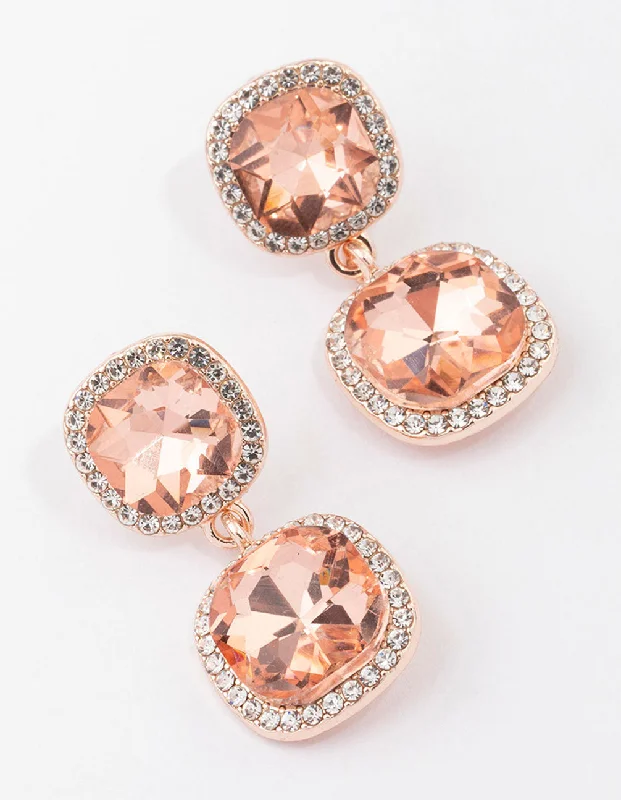 Luxury earrings with sapphires-Rose Gold Double Square Halo Drop Earrings