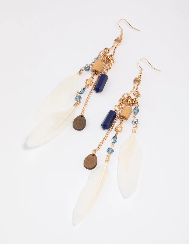 Statement earrings with colorful gemstones-Gold Feather Chain Drop Earrings