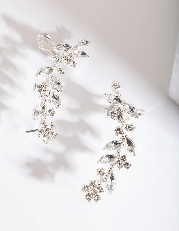 Elegant gold earrings for women-Silver Diamante Leaf Ear Cuff