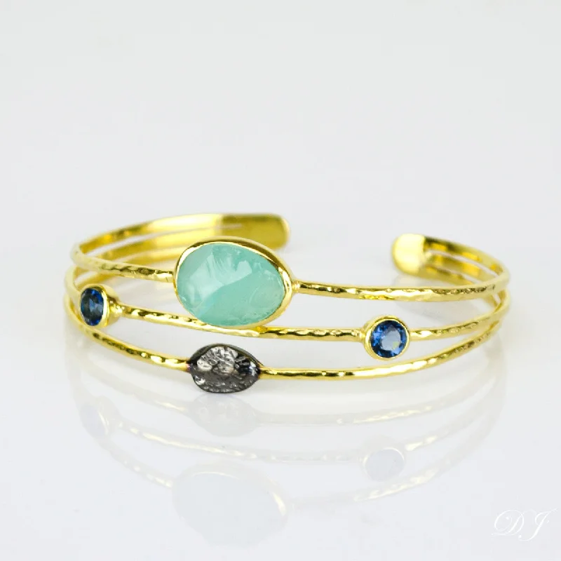 Affordable diamond bracelets for women-Rough Cut Aqua Chalcedony Open Bangle with Kyanite Quartz Details