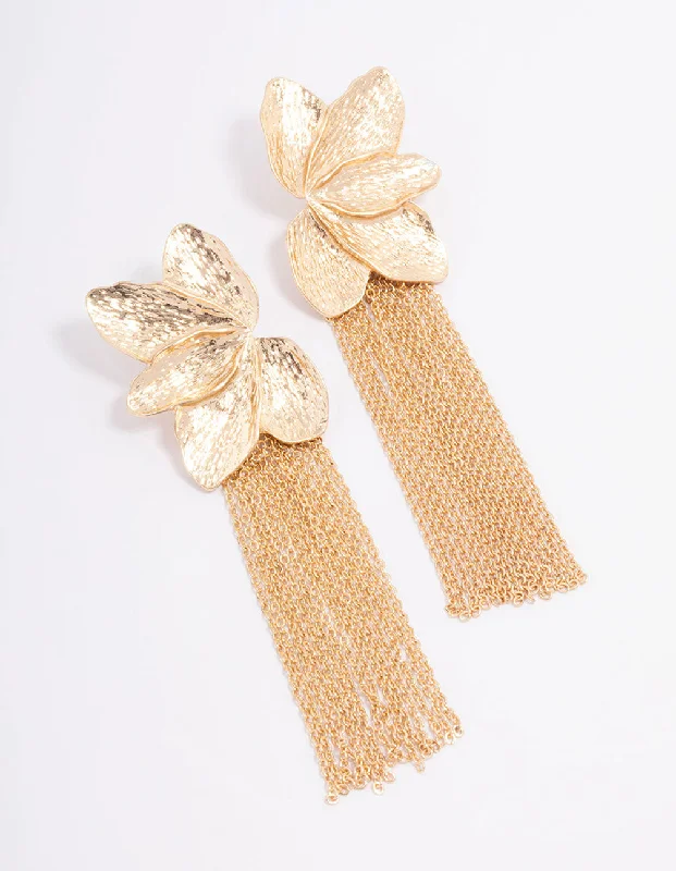 Gorgeous hoop earrings with diamonds-Gold Textured Flower Cup Chain Drop Earrings