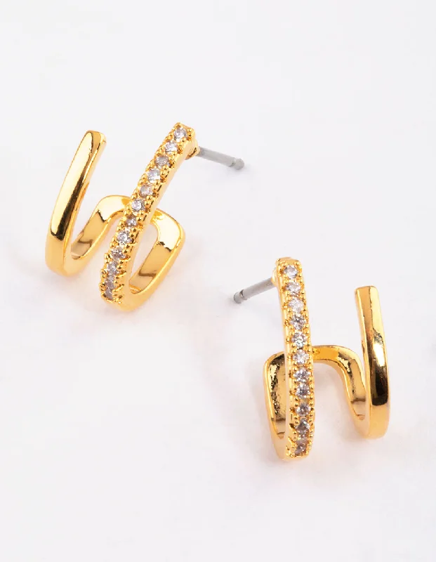 Unique earrings with fancy-cut diamonds-Gold Plated Mini Diamante Double Cuff Earrings