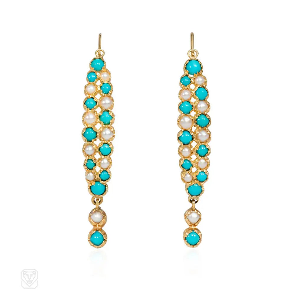 Designer earrings with intricate designs-Antique pearl and turquoise poissarde earrings, France