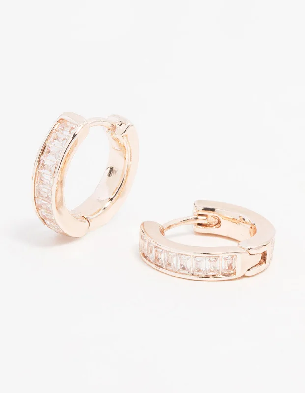 Classic hoop earrings for women-Rose Gold Plated Cubic Zirconia Thin Pave Hoop Earrings