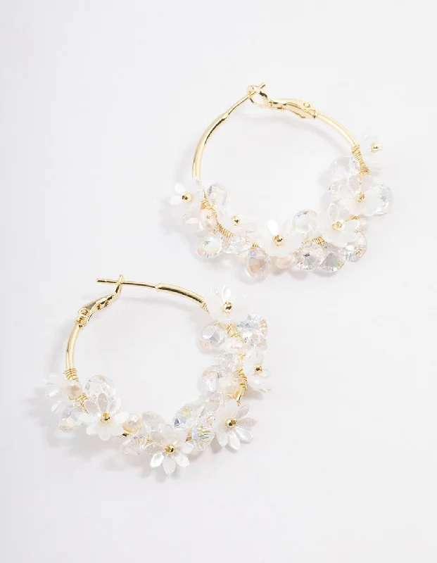 Custom-made earrings with initials-Gold Plated Freshwater Pearl Diamante Flower Hoop Earrings