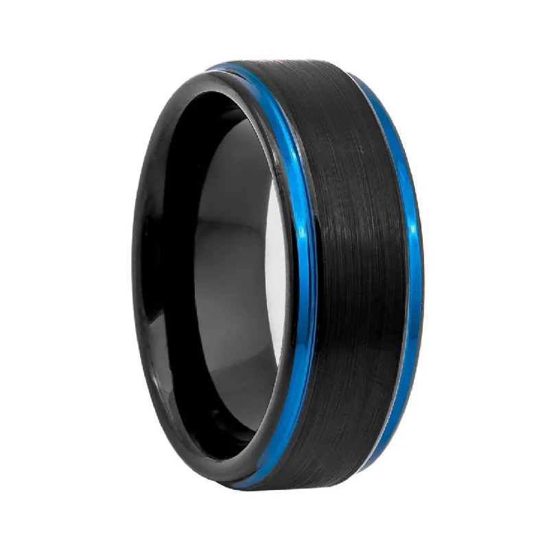 Vintage rings for women-Brushed Tungsten Men's Wedding Band with Blue Edges