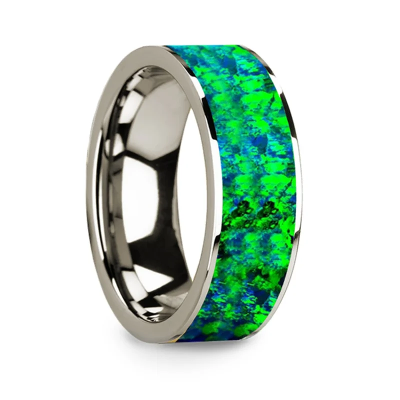 Gold-plated rings for women-14k White Gold Men's Wedding Band with Green & Blue Opal Inlay