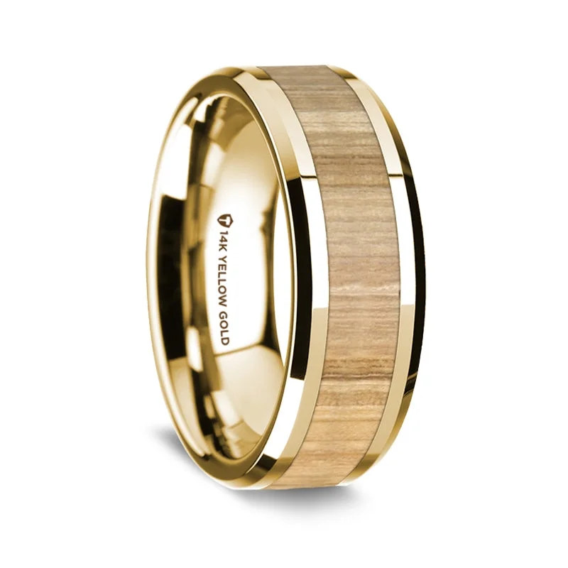 Vintage rings for women-14k Yellow Gold Men's Wedding Band with Ash Wood Inlay