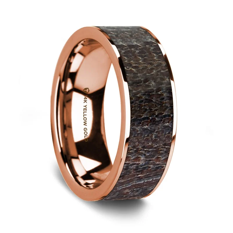 Stackable rings for women-14k Rose Gold Men's Wedding Band with Dark Deer Antler Inlay