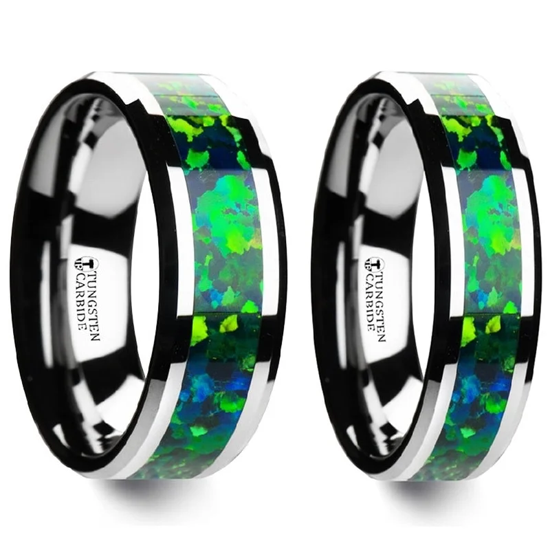 Modern engagement rings with simple designs-Green Blue Opal Inlay Tungsten Couple's Matching Wedding Band Set