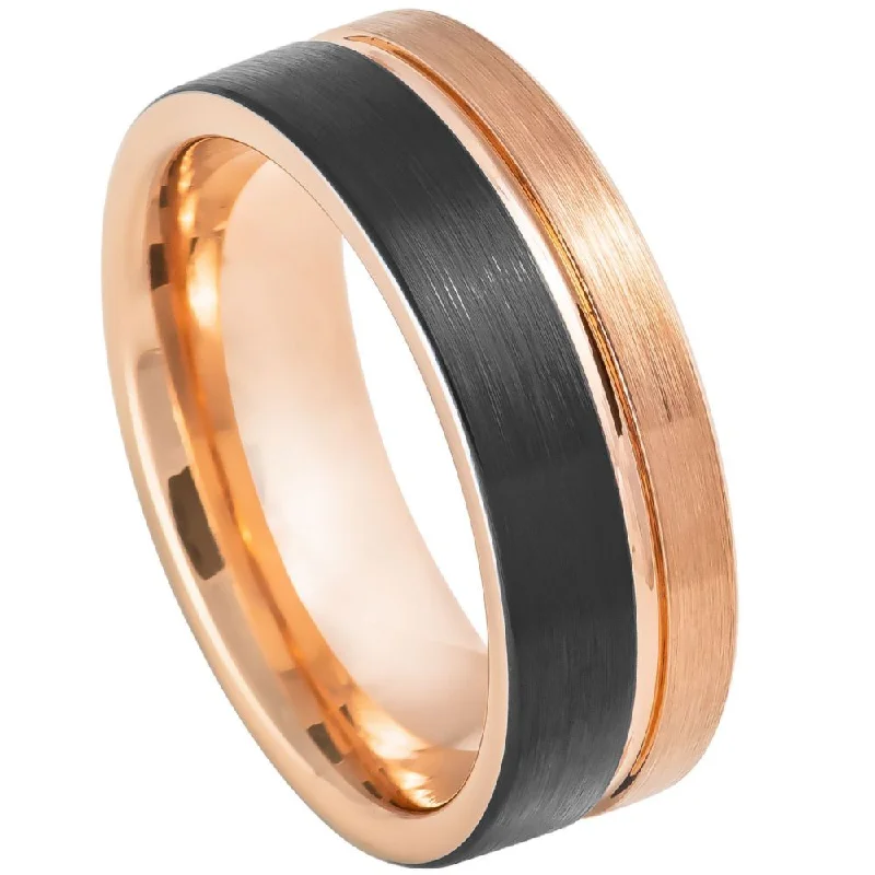 Affordable wedding rings for women-Rose Gold & Black Tungsten Asymmetrical Grooved Men's Wedding Band