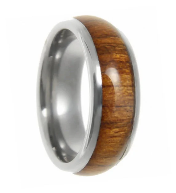 Contemporary rings for women-Domed Men's Tungsten Wedding Band with Koa Wood Inlay