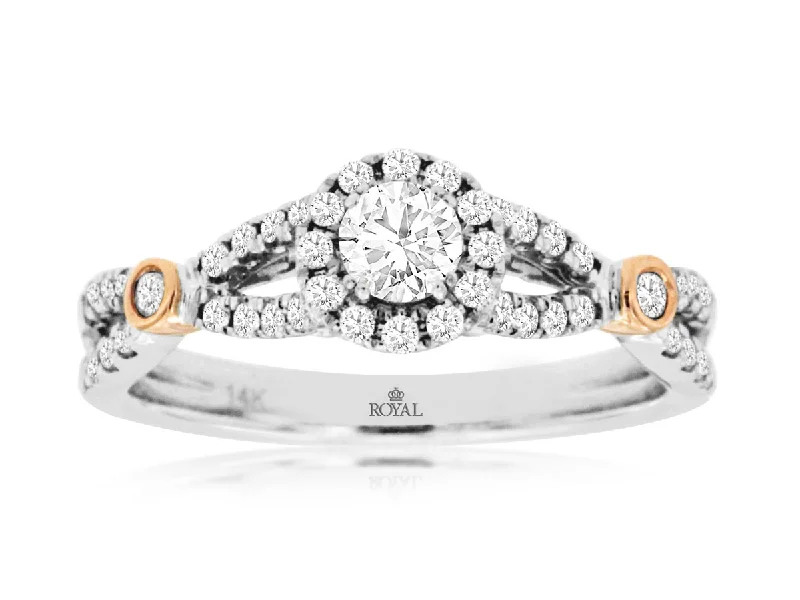 Unique engagement rings with marquise-cut diamonds-Round Diamond Crossover Halo Engagement Ring in 14k White and Rose Gold, 0.58cttw