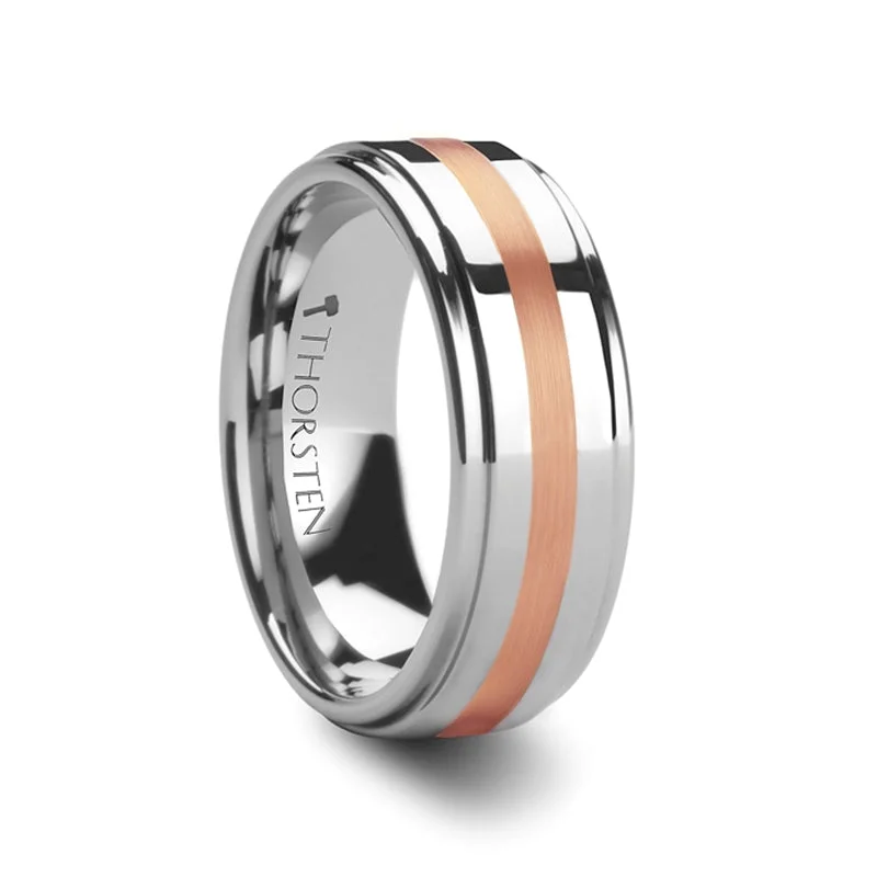 Gorgeous rose gold rings for women-Tungsten Wedding Band with Rose Gold Inlay