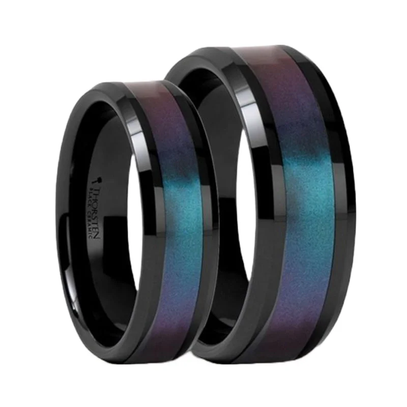 Modern minimalist rings for women-Blue Purple Changing Inlay Black Ceramic Couple's Matching Wedding Band Set