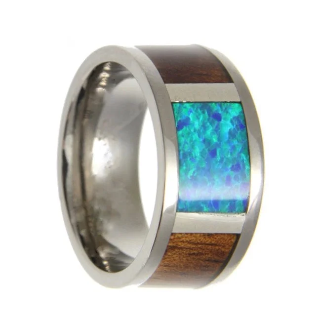 Affordable rings for bridesmaids-Men's Titanium Wedding Band with Blue Green Opal Inlay & Koa Wood