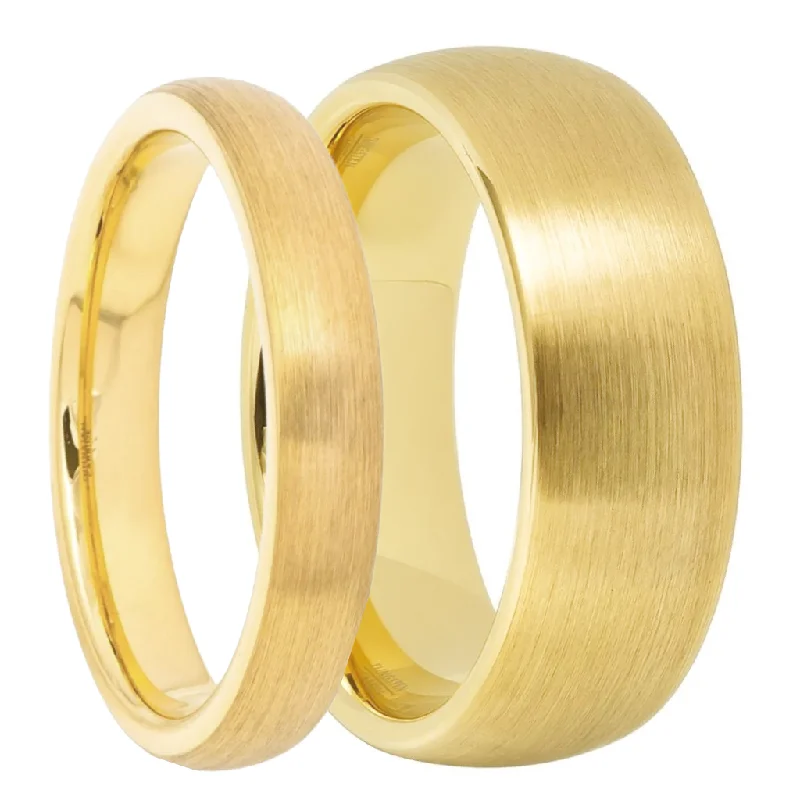 Stunning wedding bands for women-Brushed Gold Tungsten Domed Couple's Matching Wedding Band Set