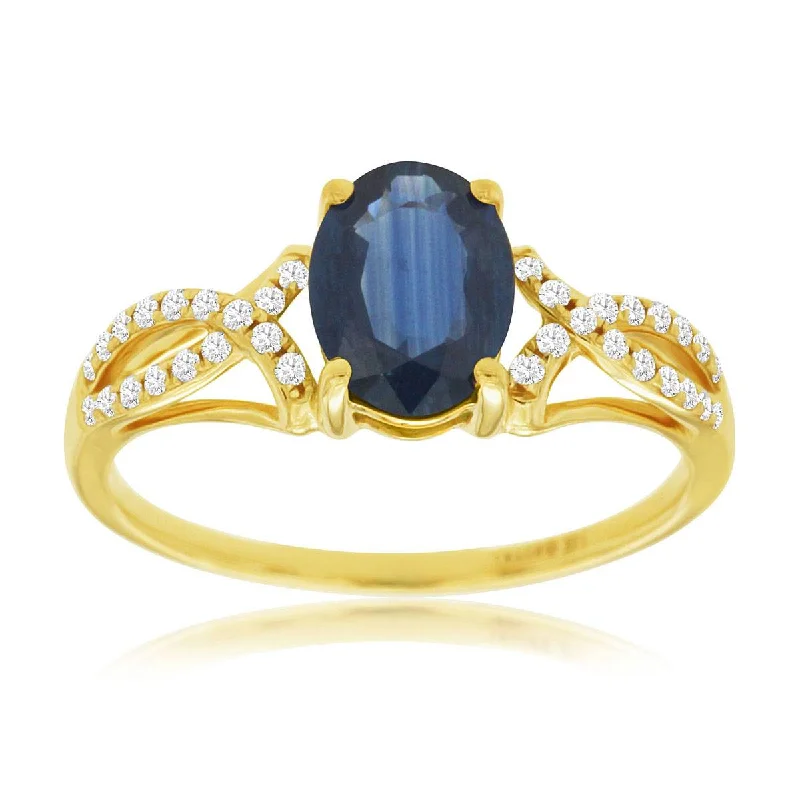 Custom-designed engagement rings with floral designs-Vintage Inspired Blue Oval Sapphire Crossover Diamond Band Ring in Yellow Gold