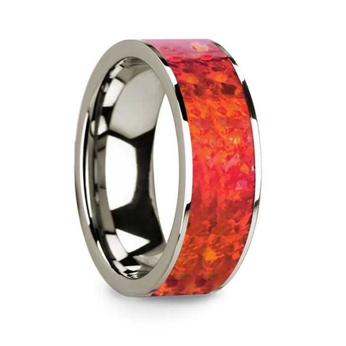 Elegant rings for formal events-Red Opal Inlay 14k White Gold Men's Wedding Band