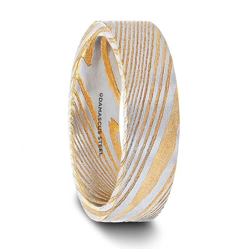 Luxury diamond rings for women-Flat Gold Damascus Steel Men's Wedding Band