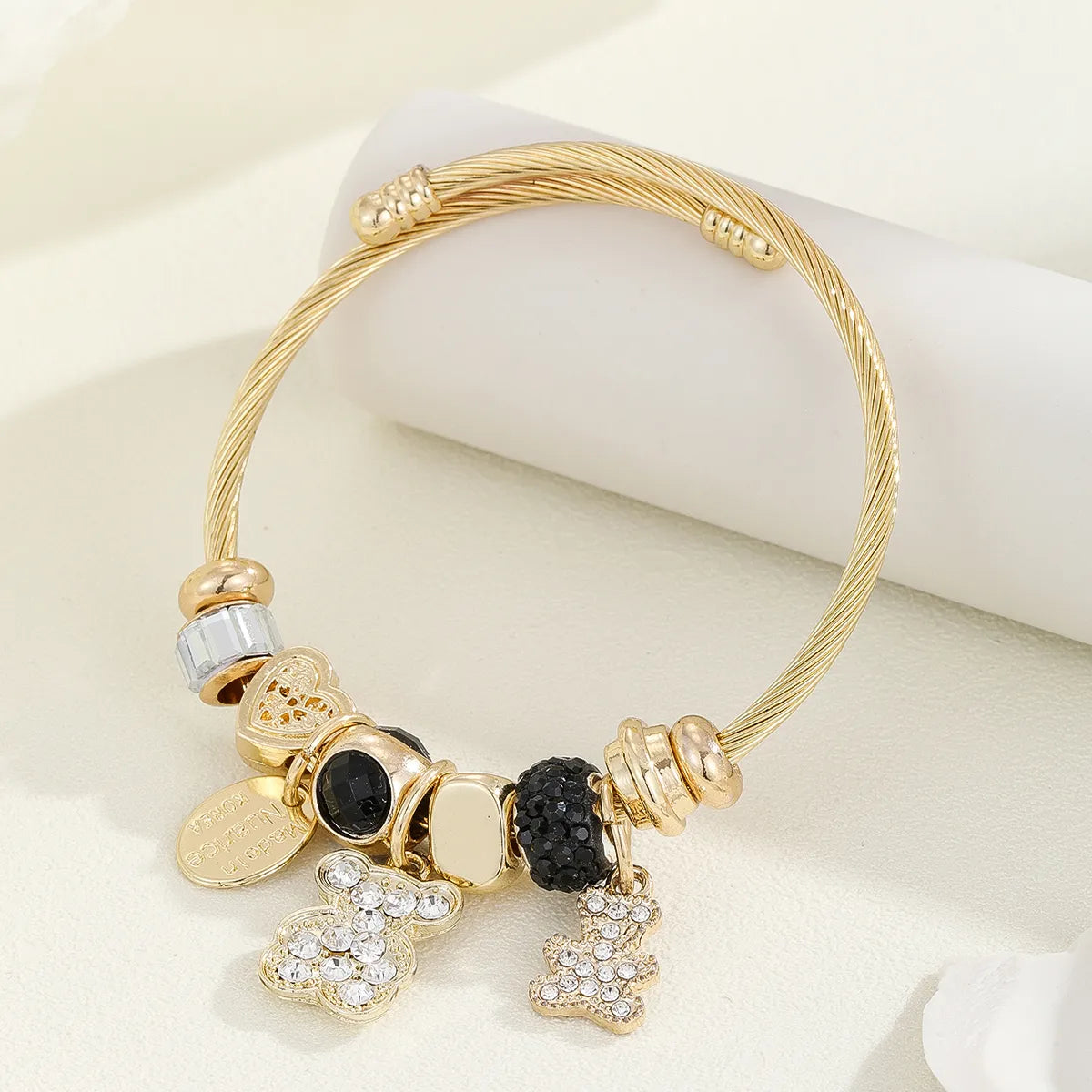 Elegant cuff bangles with diamonds-Casual Modern Style Classic Style Bear Owl Key Gold Plated Rhinestones Glass 304 Stainless Steel Alloy Wholesale Bangle