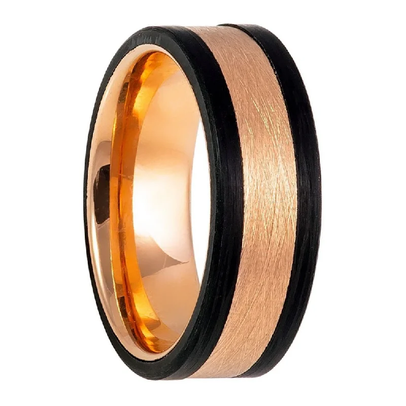 Stylish rings with colored diamonds-Wire Brushed Rose Gold Tungsten Men's Wedding Band with Black Edges