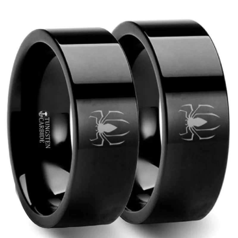 Vintage-inspired rings with diamonds-Spiderman Black Tungsten Couple's Matching Wedding Band Set