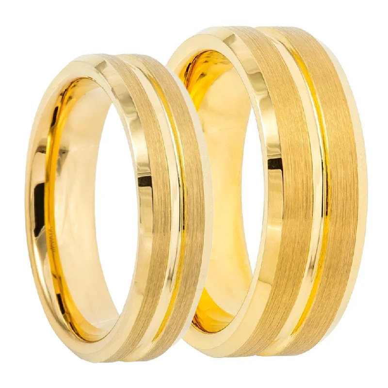 Luxury rings with topaz gemstones-Grooved Gold Tungsten Couple's Matching Wedding Band Set