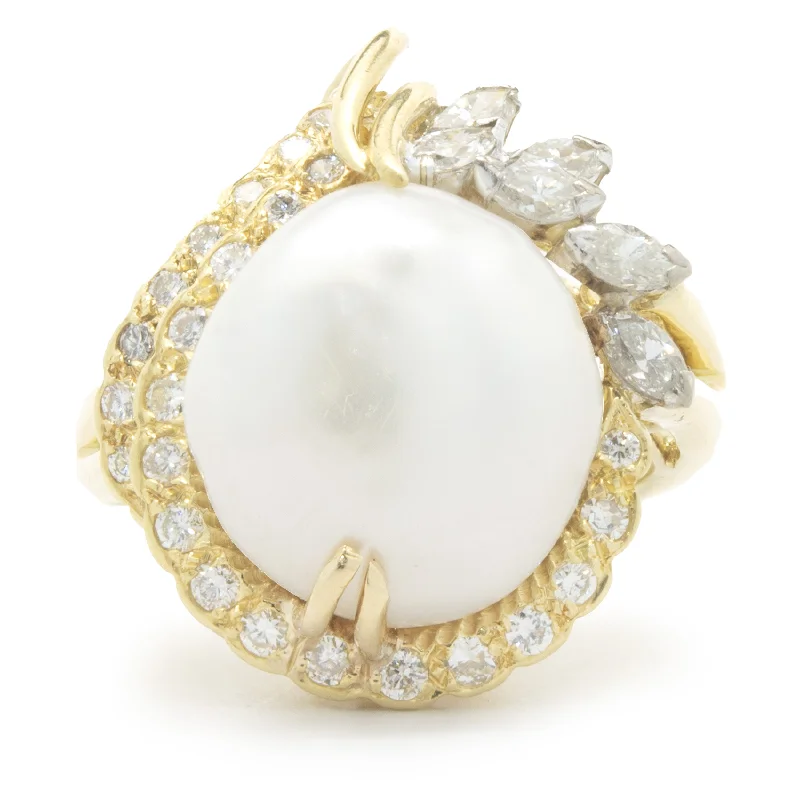 Elegant engagement rings with emerald-cut stones-14 Karat Yellow Gold Button Pearl and Diamond Cocktail Ring