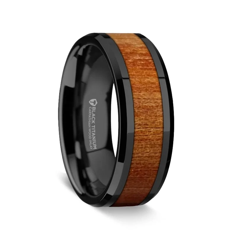 Elegant rings for gift-giving-Black Titanium Wedding Band with Carpathian Wood Inlay