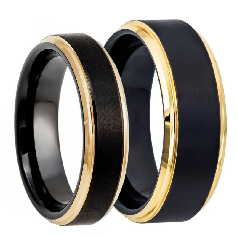 Modern engagement rings for women-Black Tungsten Couple's Matching Wedding Band Set with Stepped Gold Edges