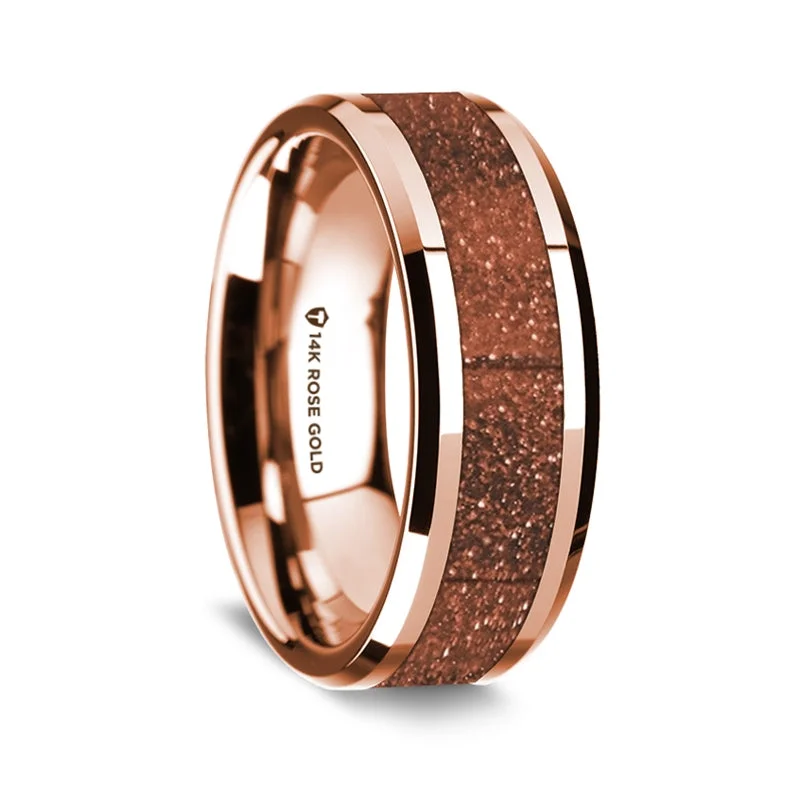 Unique rings with custom engravings-14k Rose Gold Men's Wedding Band with Orange Goldstone Inlay