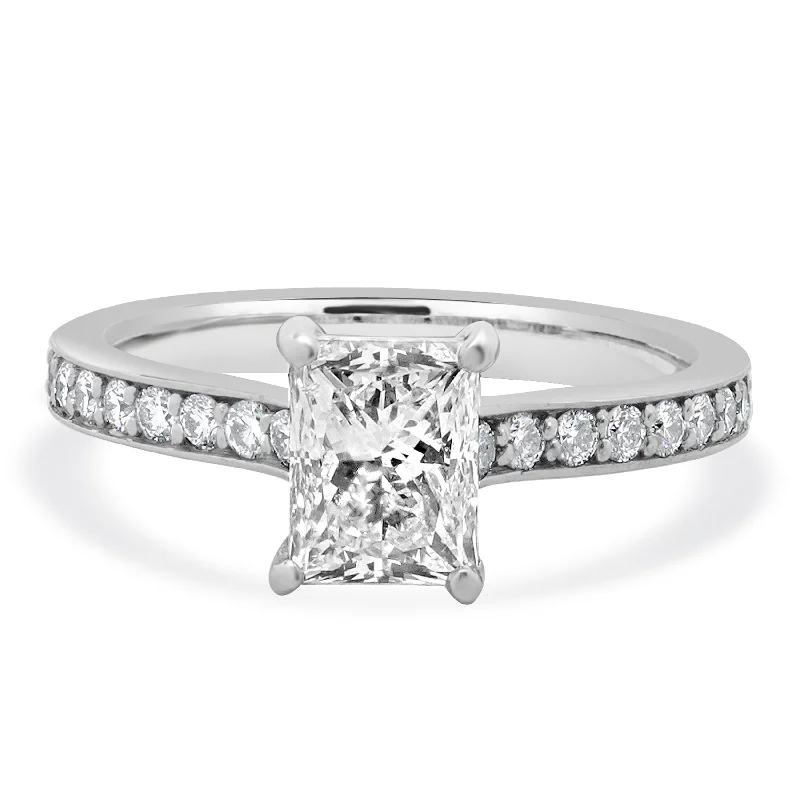 Classic engagement rings with diamond pave-18 Karat White Gold Radiant Cut Diamond Engagement Ring