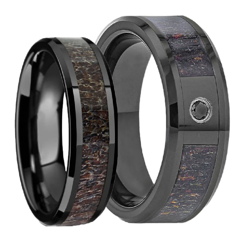 Designer rings with sapphires-Antler Inlaid Black Ceramic Couple's Matching Wedding Band Set