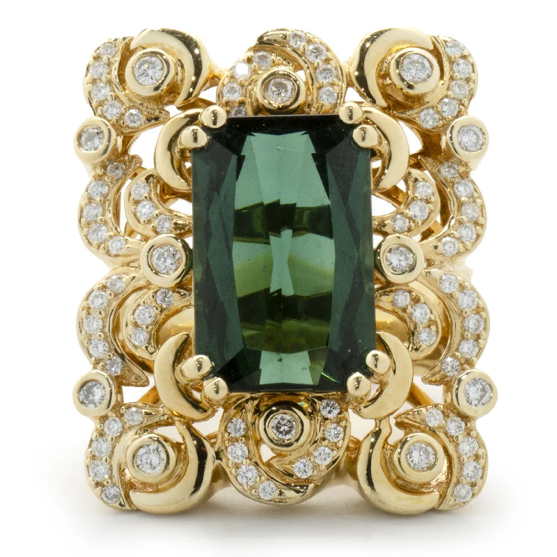 Beautiful engagement rings with vintage settings-18 Karat Yellow Gold Ornate Green Tourmaline and Diamond Rectangular Cocktail Ring