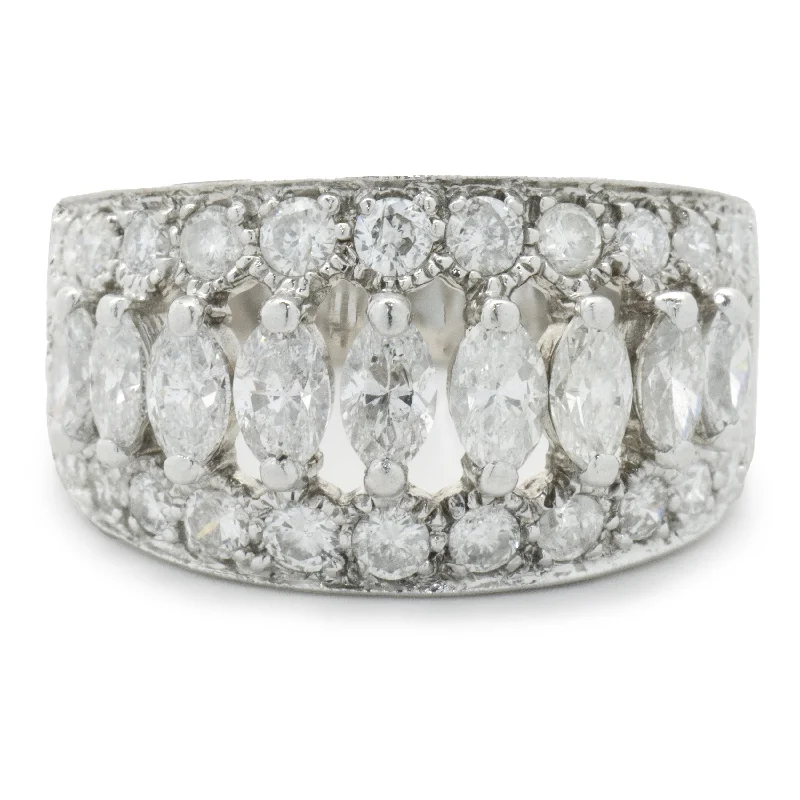 Affordable engagement rings with diamonds-14 Karat White Gold Marquise Cut Three Row Diamond Cigar Band