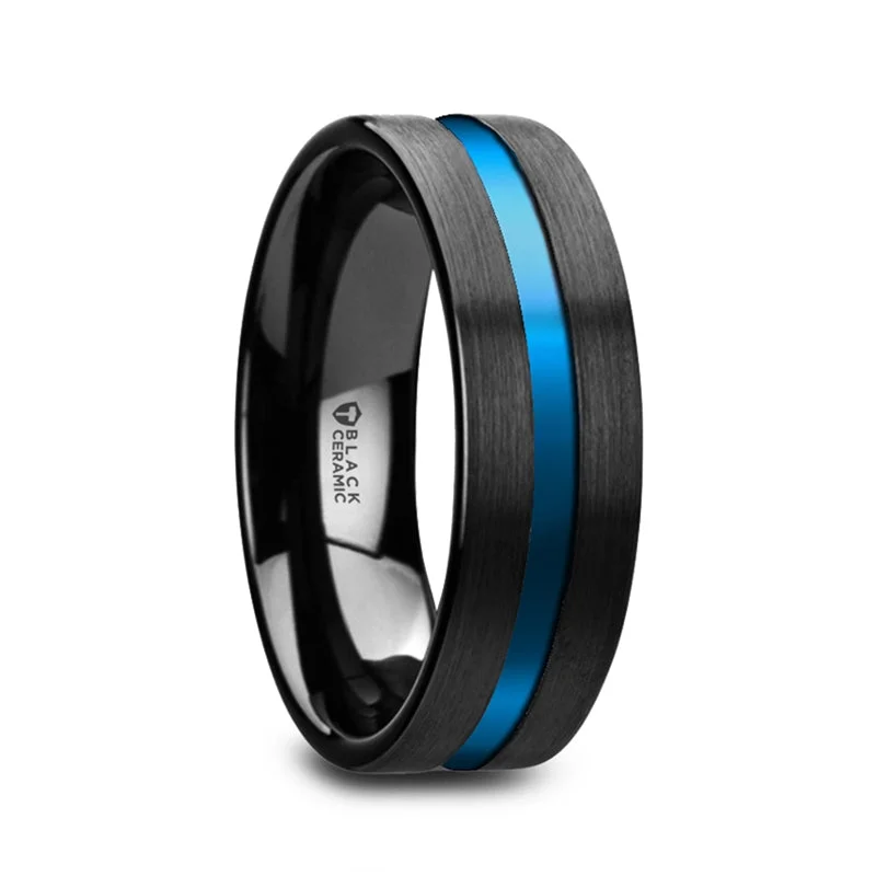 Beautiful bands with diamonds for women-Black Ceramic Men's Wedding Band with Blue Groove