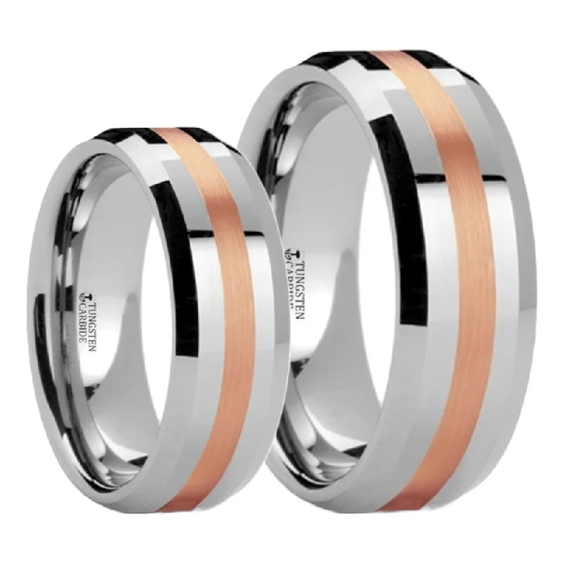 Affordable gemstone rings-14k Rose Gold Inlay Tungsten Couple's Matching Wedding Band Set