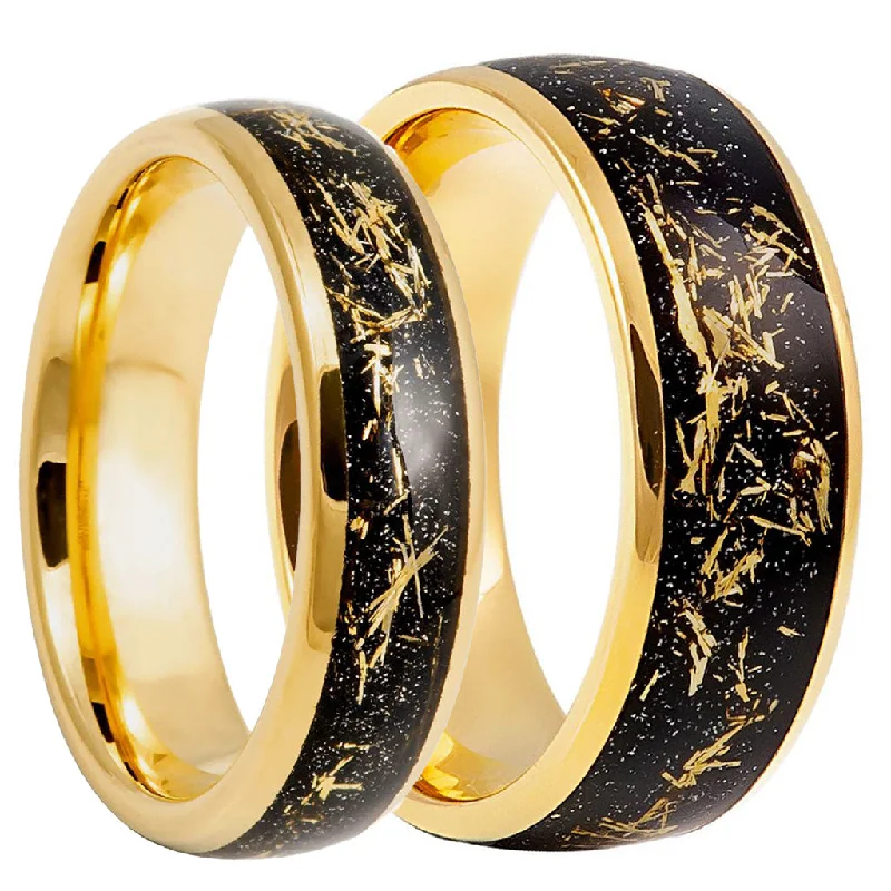 Luxury rings with rubies-Meteorite Inspired Black & Gold Tungsten Couple's Matching Wedding Band Set