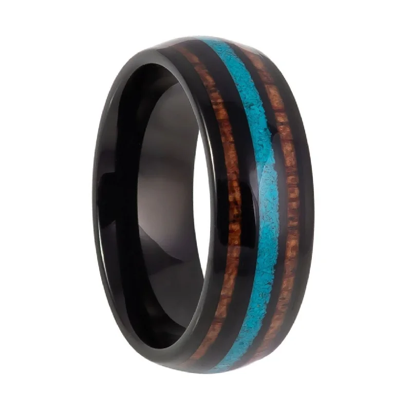 Simple wedding rings for women-Black Tungsten Men's Wedding Band with Wood & Crushed Stone Inlay