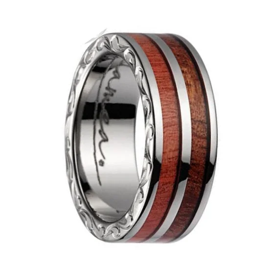 Affordable sterling silver rings-Pink Ivory & Hawaiian Koa Wood Men's Wedding Band with Titanium Scroll