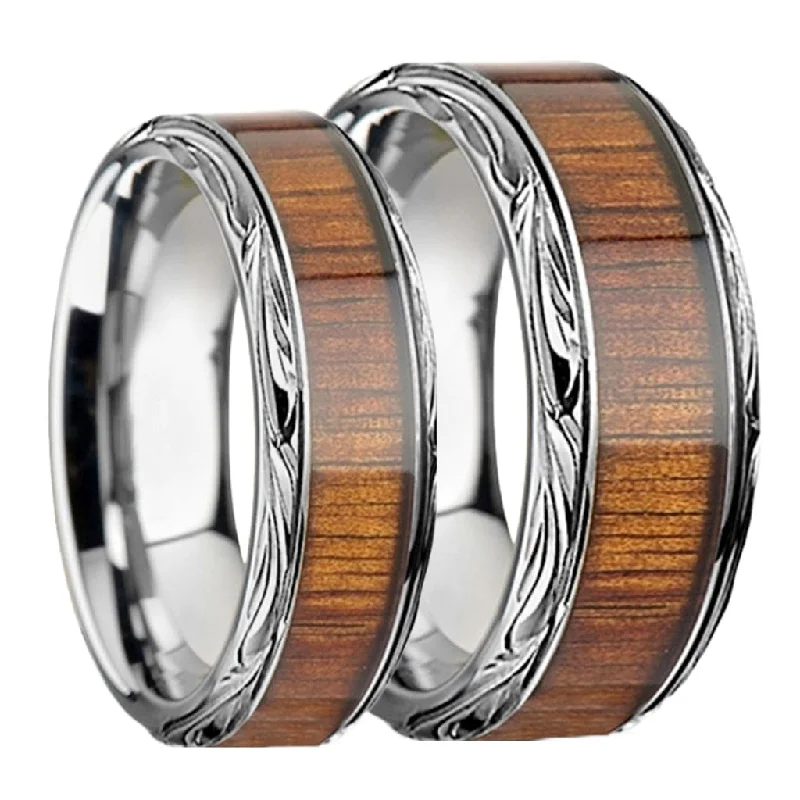 Wedding rings with diamonds and rubies-Intricate Edge Titanium Couple's Matching Wedding Band Set with Koa Wood Inlay