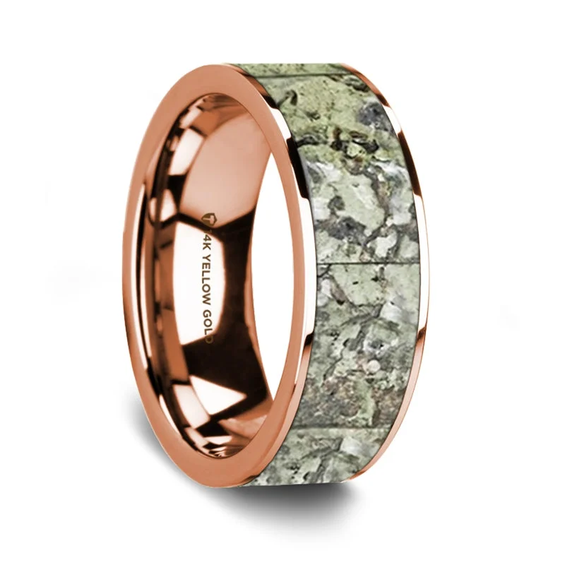 Luxury gold rings with gemstones-Green Dinosaur Bone Inlay 14k Rose Gold Men's Wedding Band