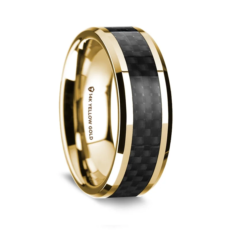 Engagement rings with fancy cut diamonds-14k Yellow Gold Men's Wedding Band with Black Carbon Fiber Inlay