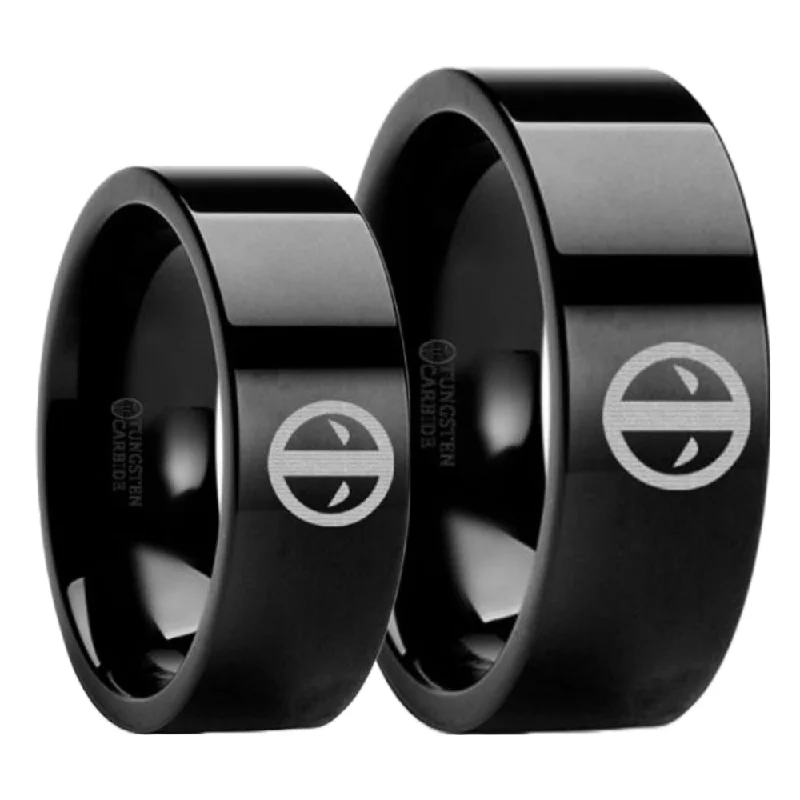 Classic rings with round-cut diamonds-Deadpool Symbol Black Tungsten Couple's Matching Wedding Band Set