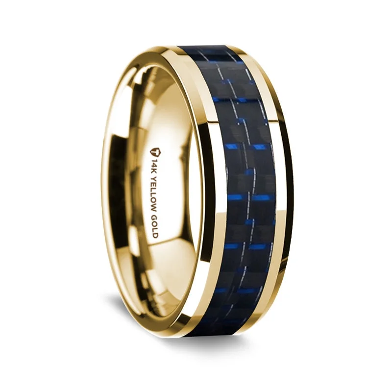 Classic solitaire diamond rings-14k Yellow Gold Men's Wedding Band with Black & Dark Blue Carbon Fiber Inlay