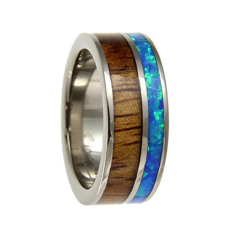 Elegant rings for formal events-Men's Titanium Wedding Band with Koa Wood & Blue Green Opal Inlay